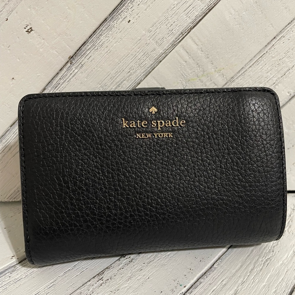 Black Kate Spade Staci Medium Compact billfold wallet. Black with Gold accents.